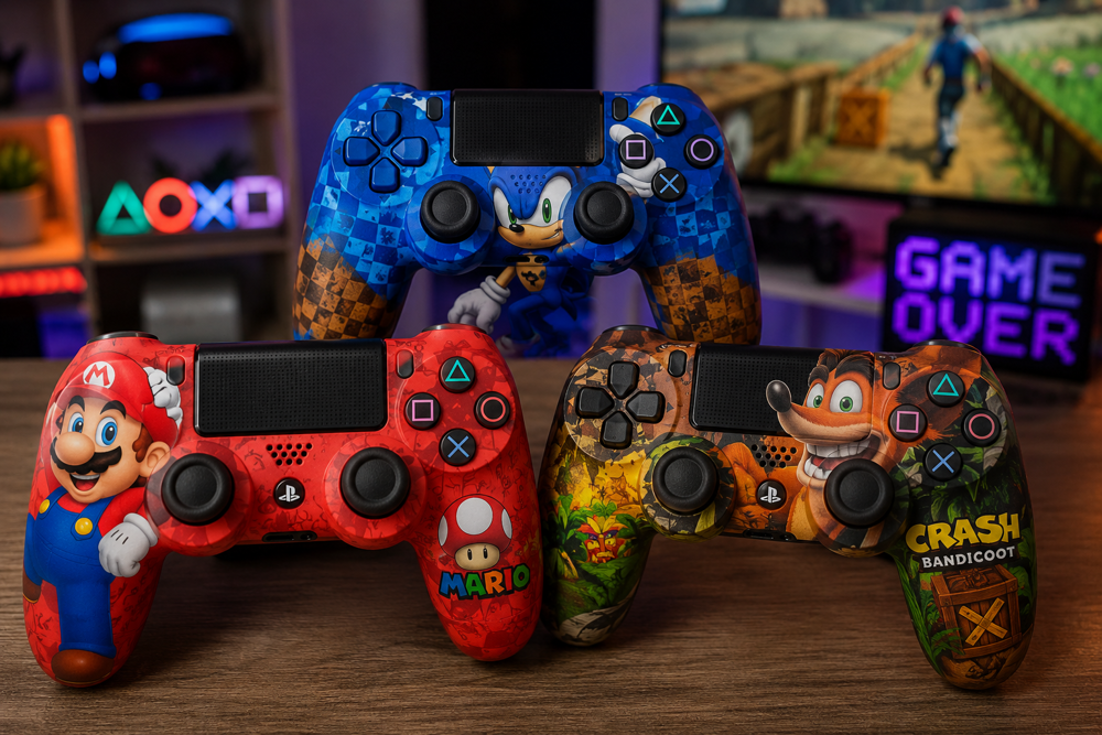 دسته بازی سونی مدل SONY DUALSHOCK PS4 طرح SONIC MARIO CRASH روی میز گیمینگ با طراحی رنگی و جذاب برای